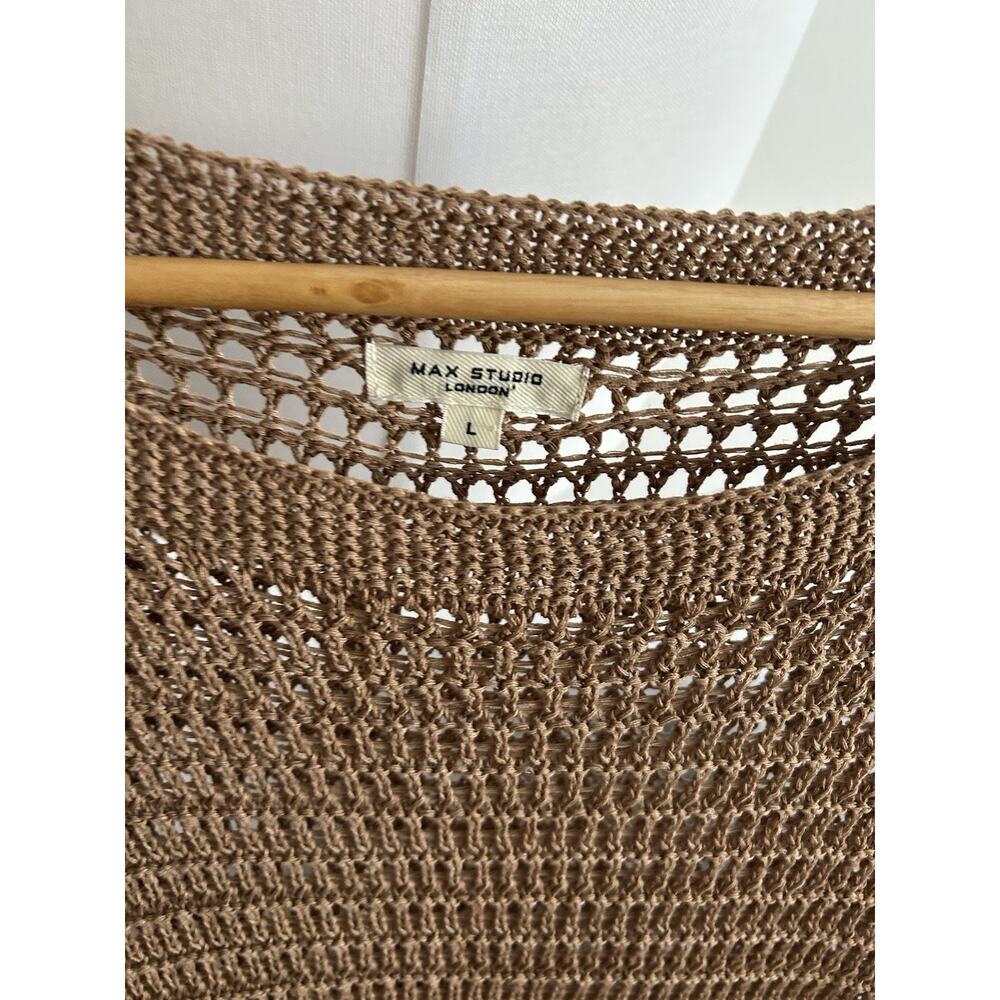 Crochet Tan Linen Blend Sweater Top L Open Knit Beachy Festival Coachella Boho - Picture 2 of 10